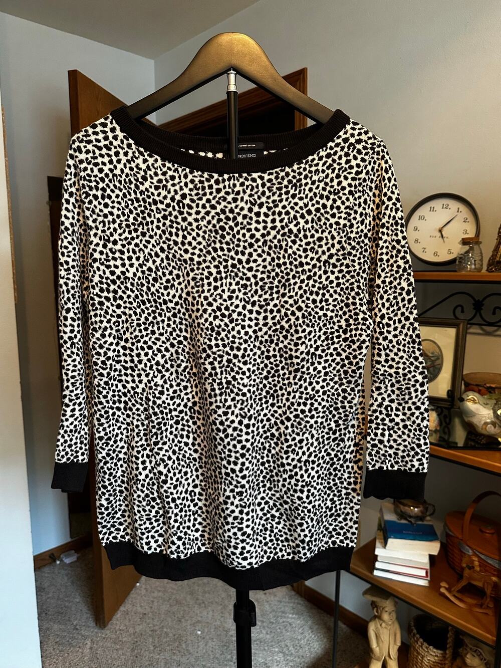 Lands' End Supima Cotton Leopard Print Sweater Top Black White EUC Small